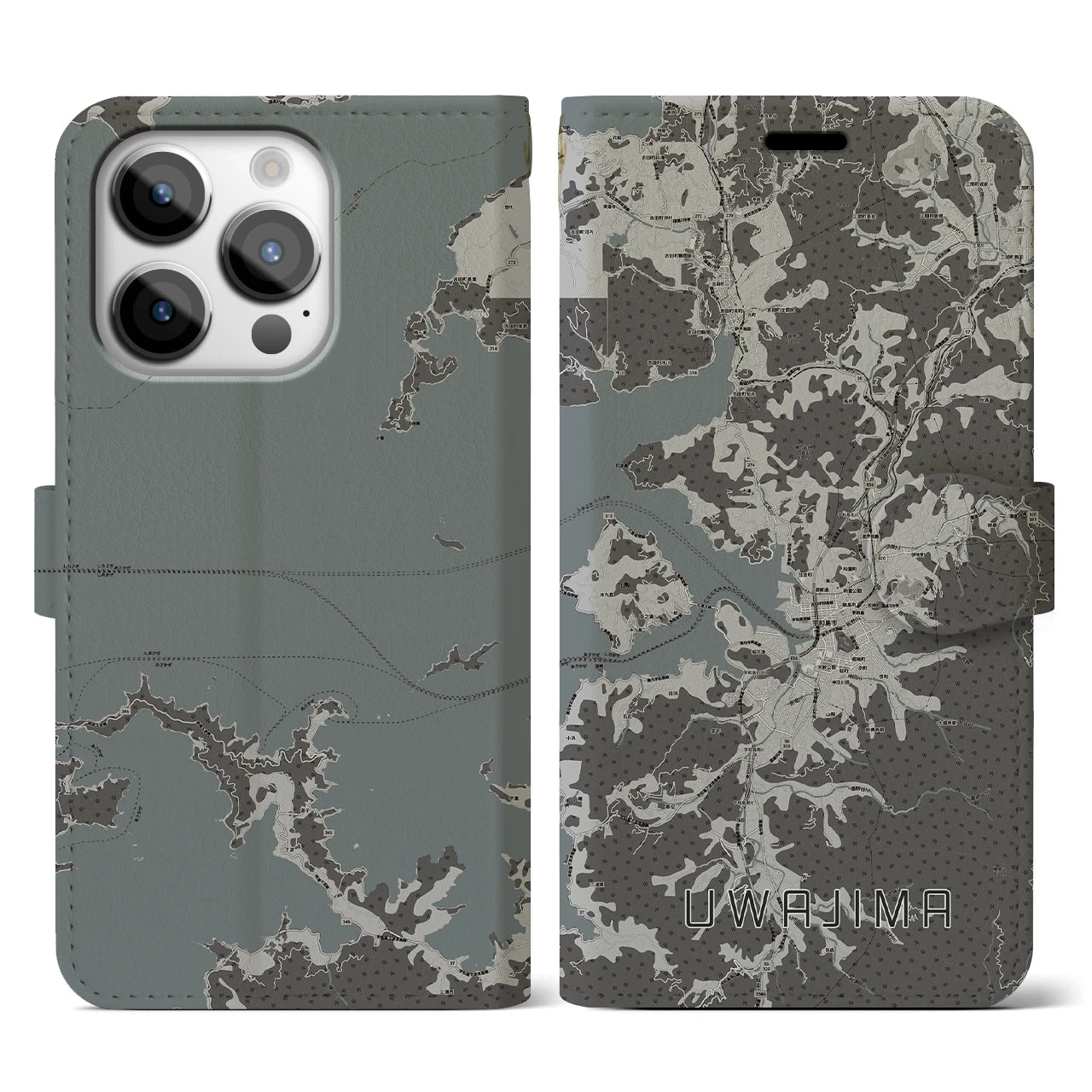 【宇和島(愛媛県)】地図柄iPhoneケース(手帳タイプ)モノトーン・iPhone 14 Pro 用