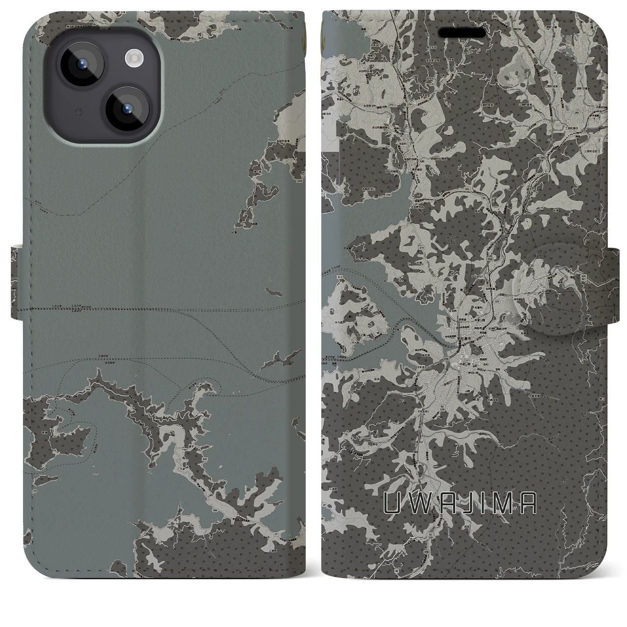 【宇和島(愛媛県)】地図柄iPhoneケース(手帳タイプ)モノトーン・iPhone 14 Plus 用