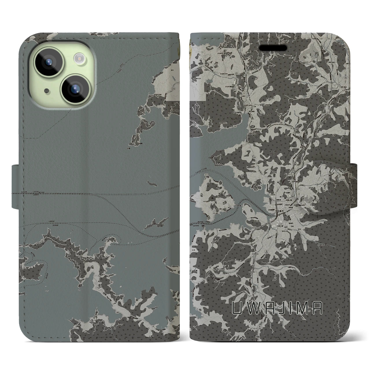 【宇和島(愛媛県)】地図柄iPhoneケース(手帳タイプ)モノトーン・iPhone 15 用