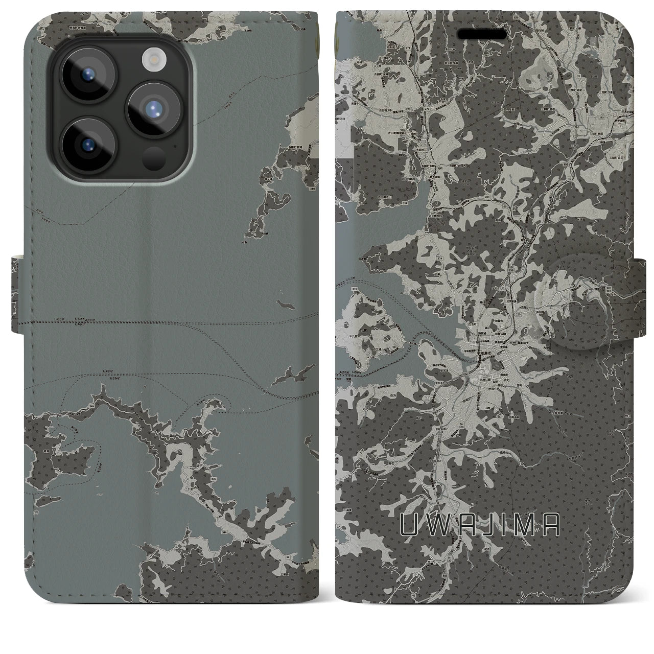 【宇和島(愛媛県)】地図柄iPhoneケース(手帳タイプ)モノトーン・iPhone 15 Pro Max 用