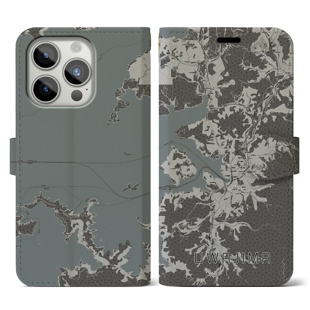 【宇和島(愛媛県)】地図柄iPhoneケース(手帳タイプ)モノトーン・iPhone 15 Pro 用