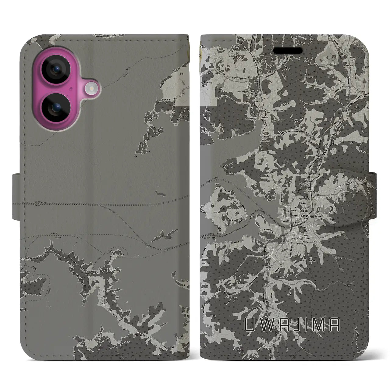 【宇和島(愛媛県)】地図柄iPhoneケース(手帳タイプ)モノトーン・iPhone 16 Pro 用