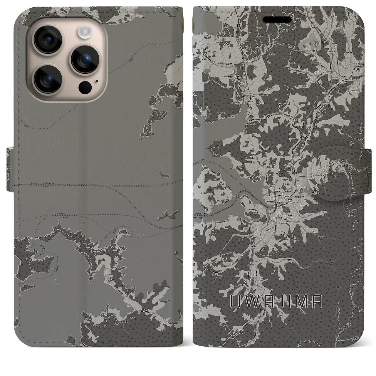 【宇和島(愛媛県)】地図柄iPhoneケース(手帳タイプ)モノトーン・iPhone 16 Plus 用