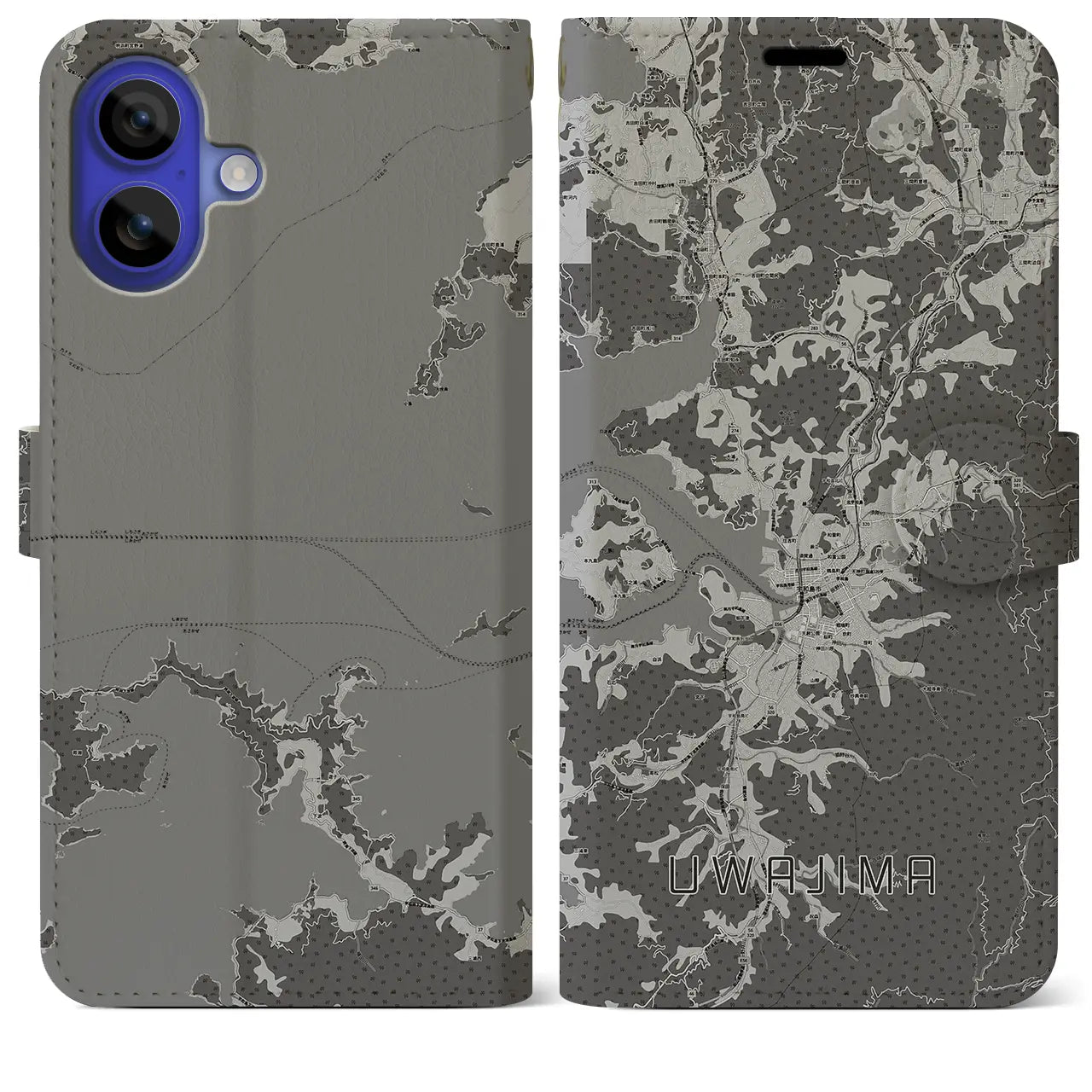 【宇和島(愛媛県)】地図柄iPhoneケース(手帳タイプ)モノトーン・iPhone 16 Pro Max 用