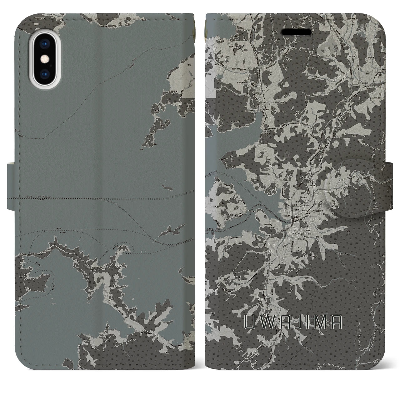 【宇和島(愛媛県)】地図柄iPhoneケース(手帳タイプ)モノトーン・iPhone XS Max 用