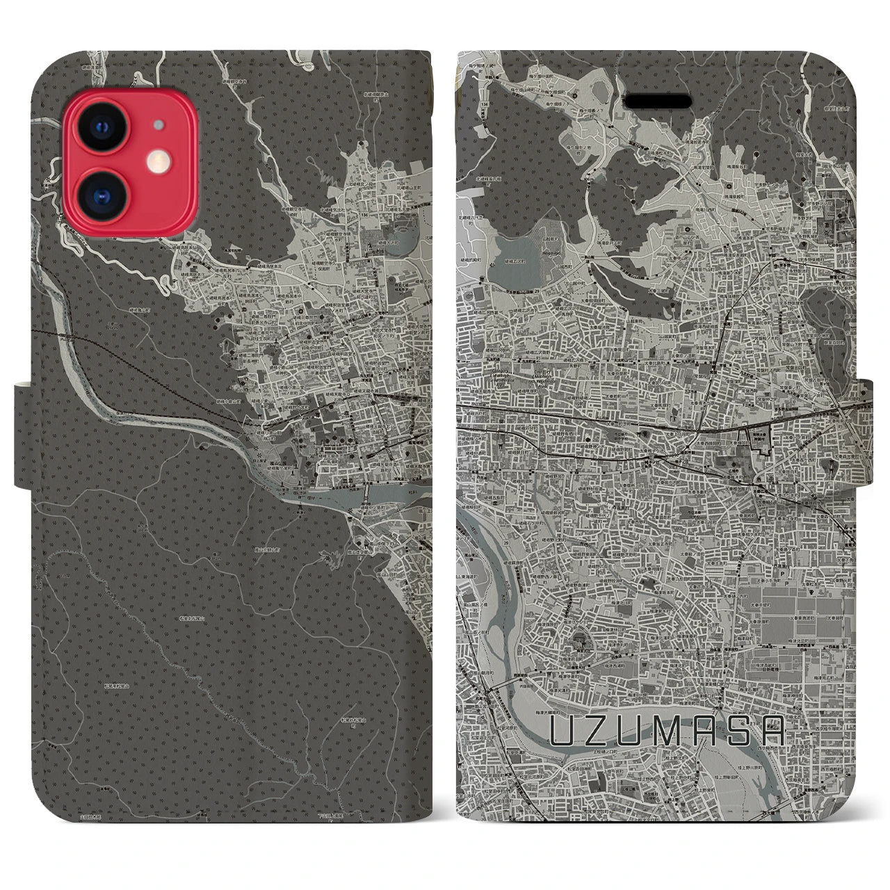 【太秦(京都府)】地図柄iPhoneケース(手帳タイプ)モノトーン・iPhone 11 用