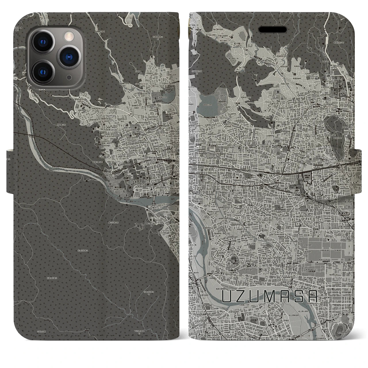 【太秦(京都府)】地図柄iPhoneケース(手帳タイプ)モノトーン・iPhone 11 Pro Max 用