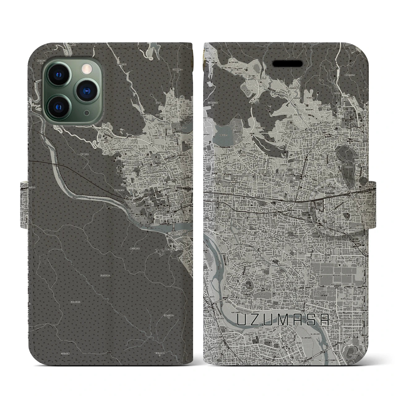 【太秦(京都府)】地図柄iPhoneケース(手帳タイプ)モノトーン・iPhone 11 Pro 用