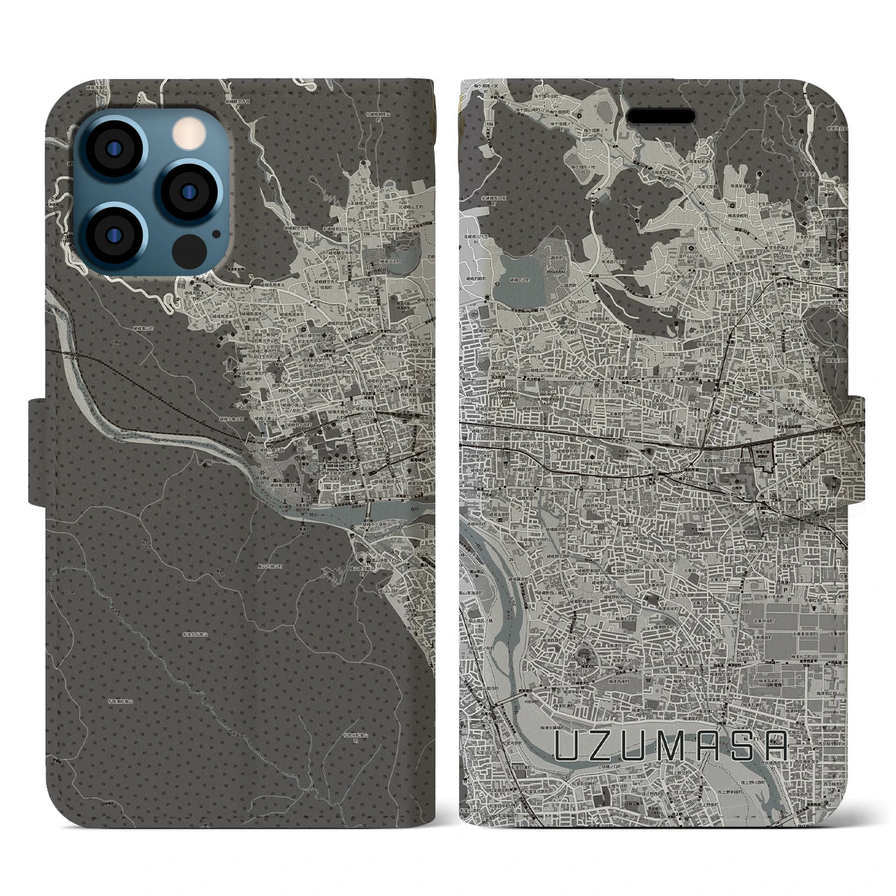 【太秦(京都府)】地図柄iPhoneケース(手帳タイプ)モノトーン・iPhone 12 / 12 Pro 用