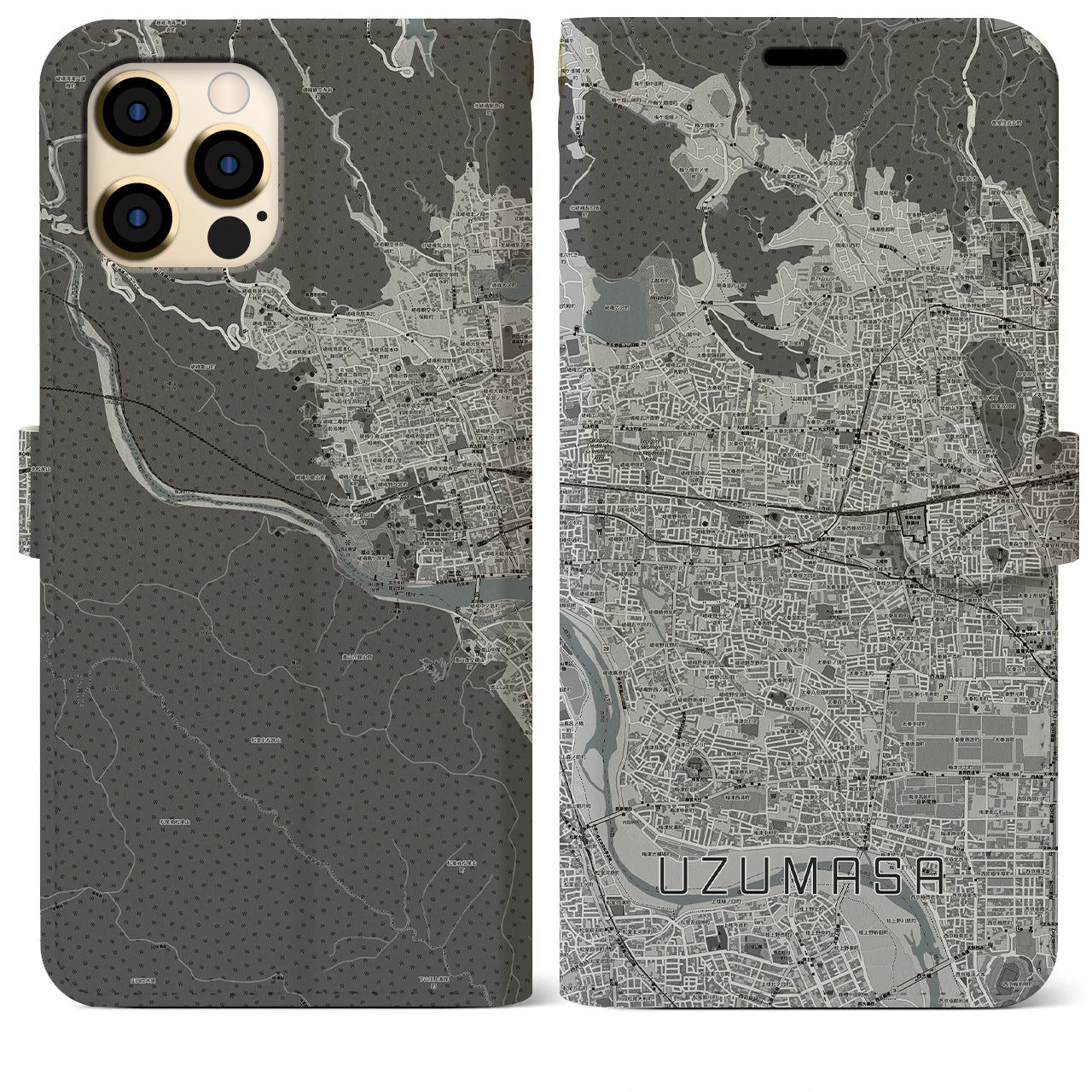【太秦(京都府)】地図柄iPhoneケース(手帳タイプ)モノトーン・iPhone 12 Pro Max 用