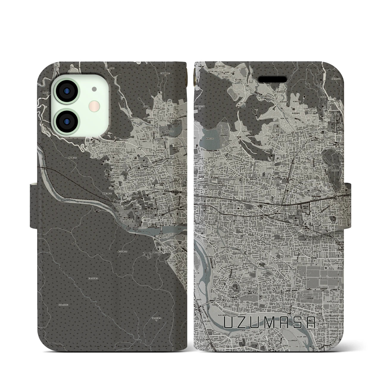 【太秦(京都府)】地図柄iPhoneケース(手帳タイプ)モノトーン・iPhone 12 mini 用