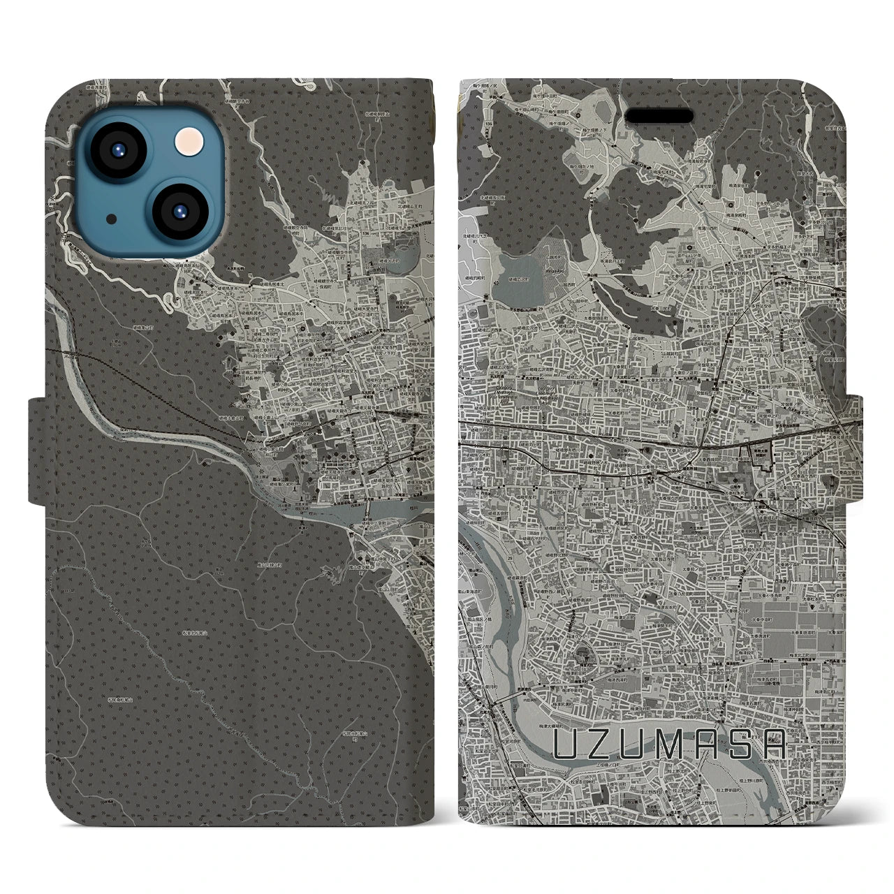 【太秦(京都府)】地図柄iPhoneケース(手帳タイプ)モノトーン・iPhone 13 用