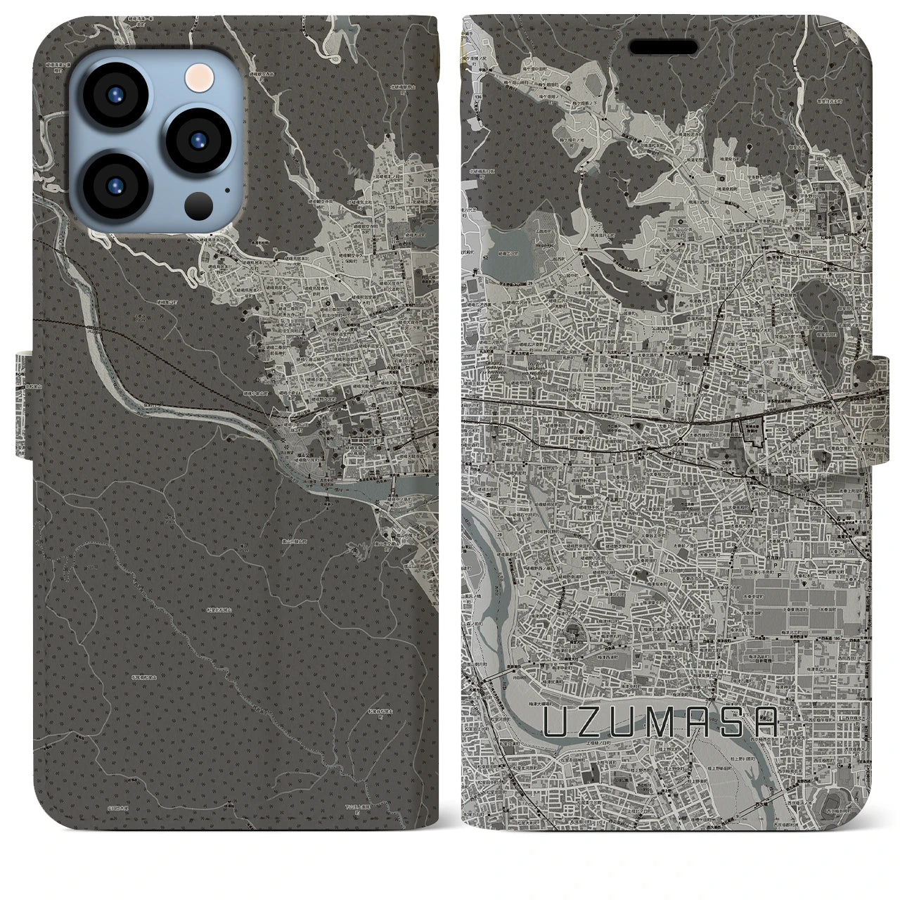 【太秦(京都府)】地図柄iPhoneケース(手帳タイプ)モノトーン・iPhone 13 Pro Max 用