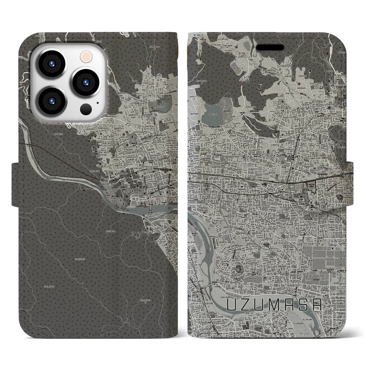 【太秦(京都府)】地図柄iPhoneケース(手帳タイプ)モノトーン・iPhone 13 Pro 用