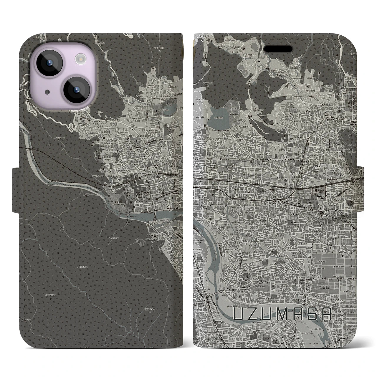 【太秦(京都府)】地図柄iPhoneケース(手帳タイプ)モノトーン・iPhone 14 用
