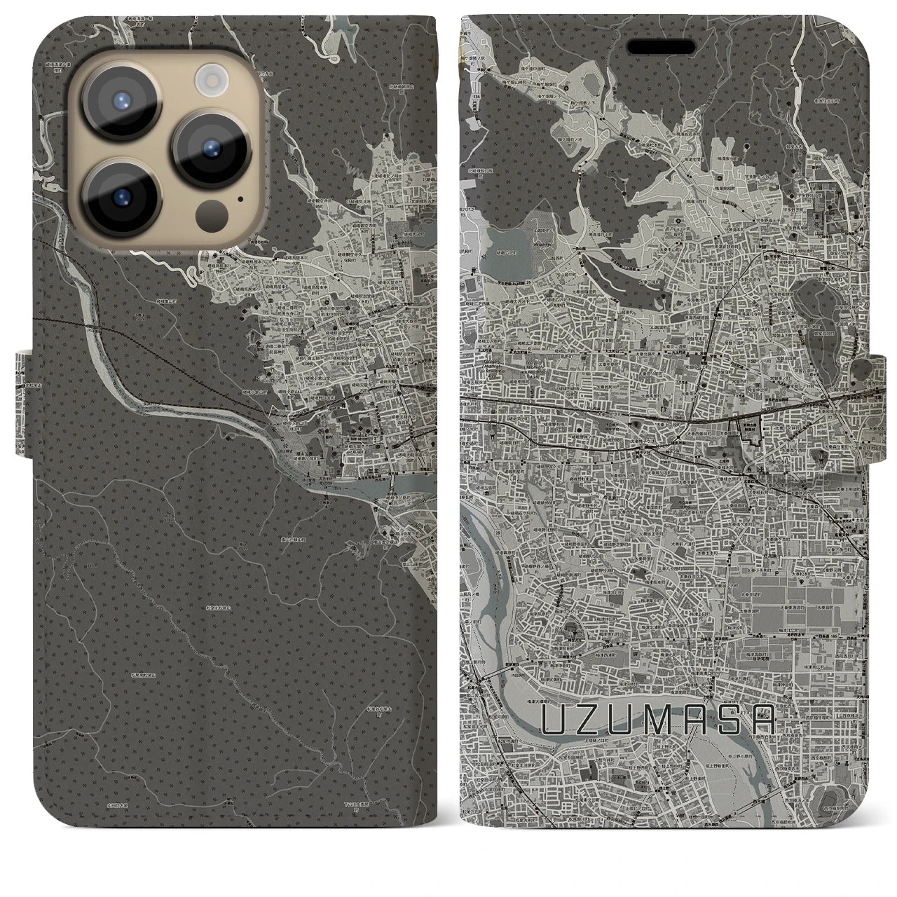 【太秦(京都府)】地図柄iPhoneケース(手帳タイプ)モノトーン・iPhone 14 Pro Max 用