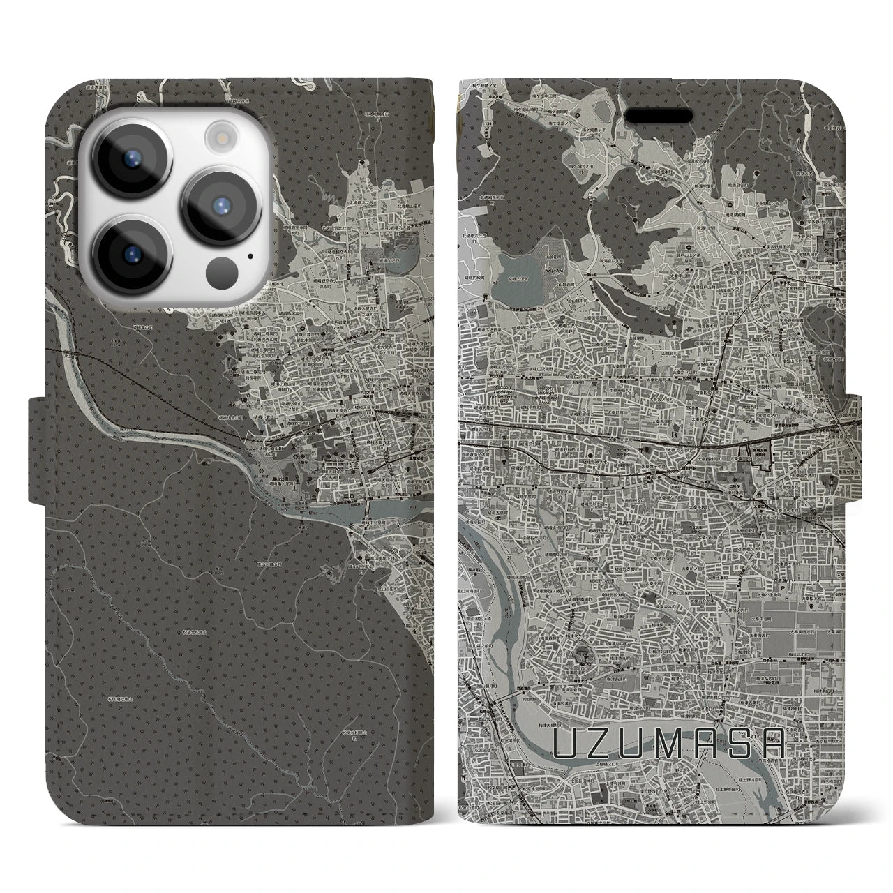【太秦(京都府)】地図柄iPhoneケース(手帳タイプ)モノトーン・iPhone 14 Pro 用