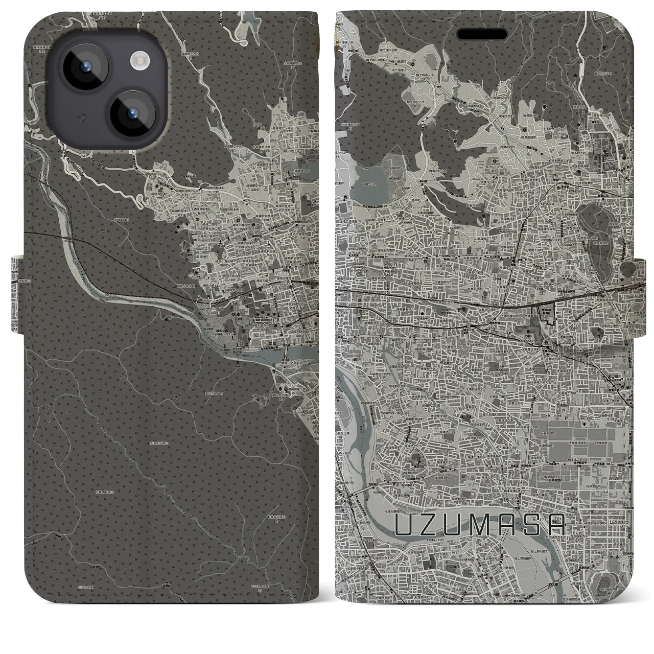 【太秦(京都府)】地図柄iPhoneケース(手帳タイプ)モノトーン・iPhone 14 Plus 用