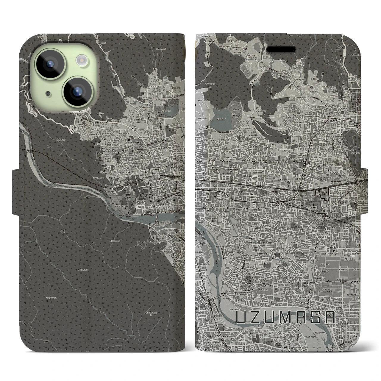 【太秦(京都府)】地図柄iPhoneケース(手帳タイプ)モノトーン・iPhone 15 用