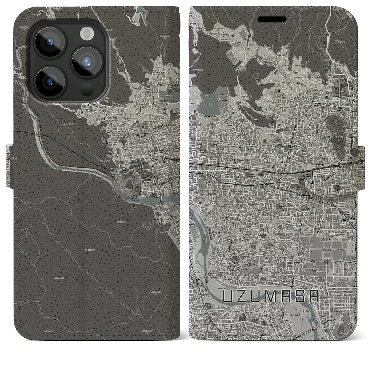 【太秦(京都府)】地図柄iPhoneケース(手帳タイプ)モノトーン・iPhone 15 Pro Max 用