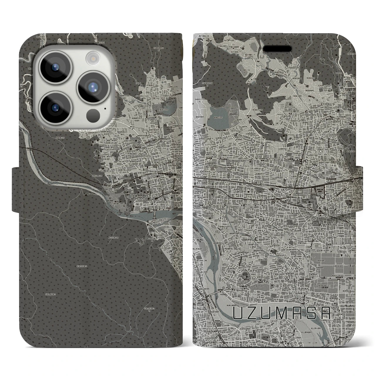 【太秦(京都府)】地図柄iPhoneケース(手帳タイプ)モノトーン・iPhone 15 Pro 用