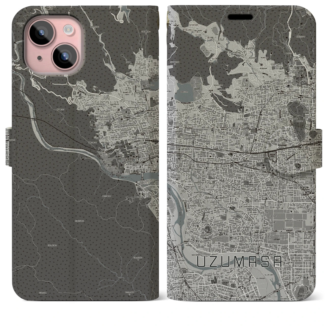 【太秦(京都府)】地図柄iPhoneケース(手帳タイプ)モノトーン・iPhone 15 Plus 用
