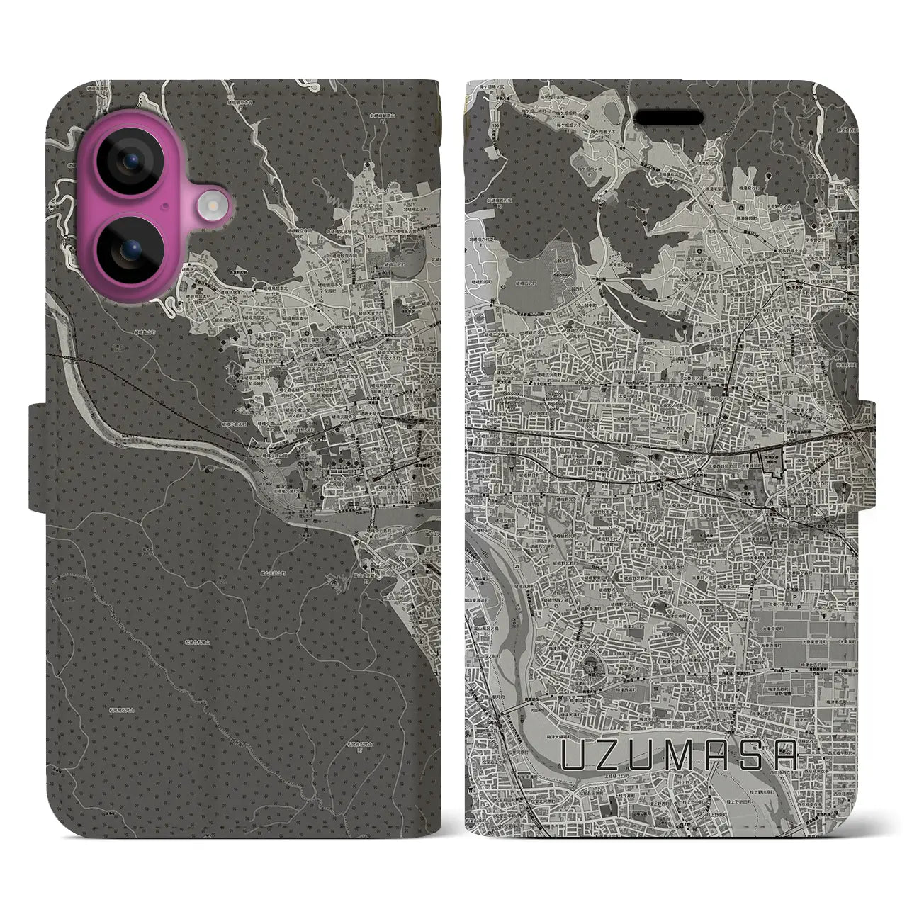 【太秦(京都府)】地図柄iPhoneケース(手帳タイプ)モノトーン・iPhone 16 Pro 用