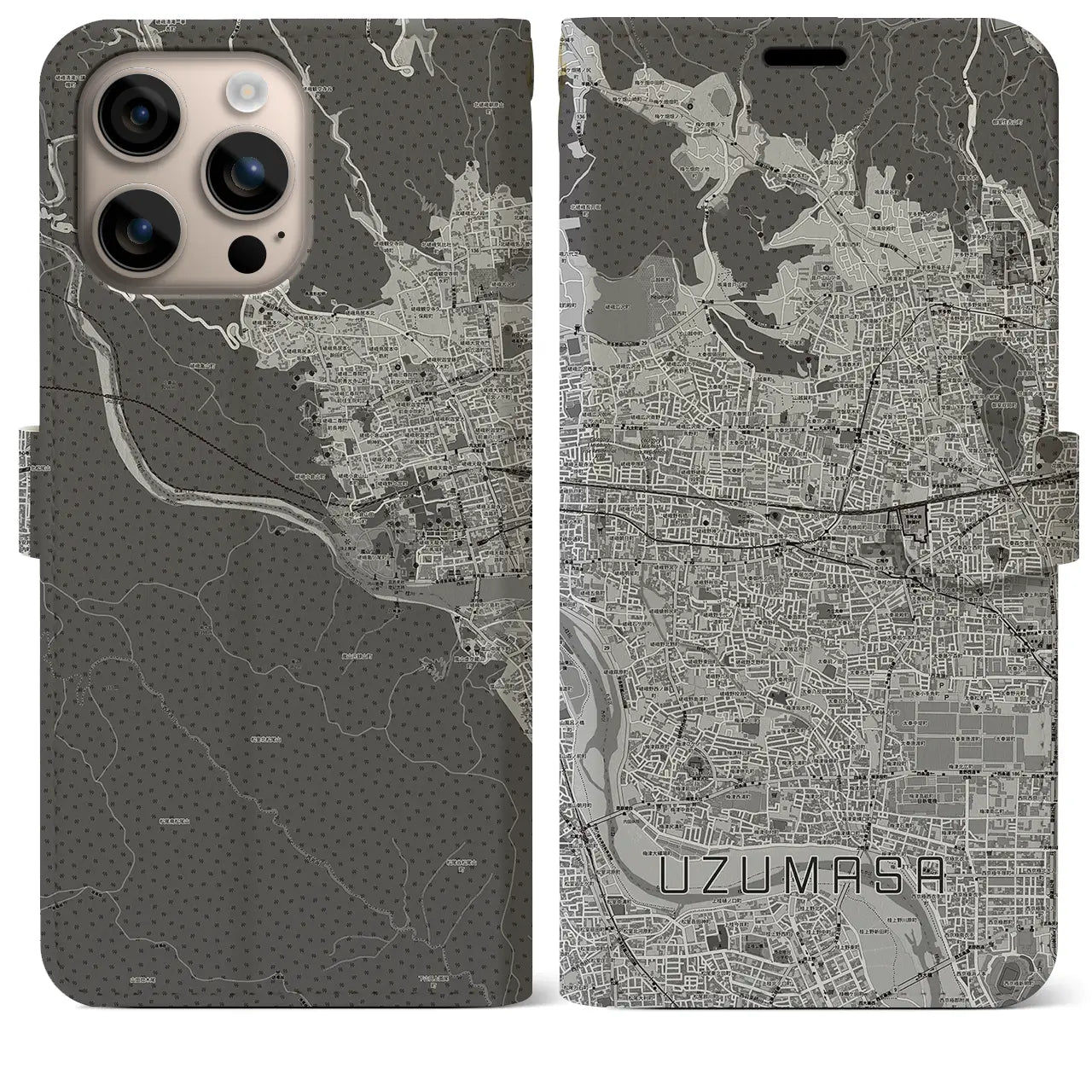【太秦(京都府)】地図柄iPhoneケース(手帳タイプ)モノトーン・iPhone 16 Plus 用
