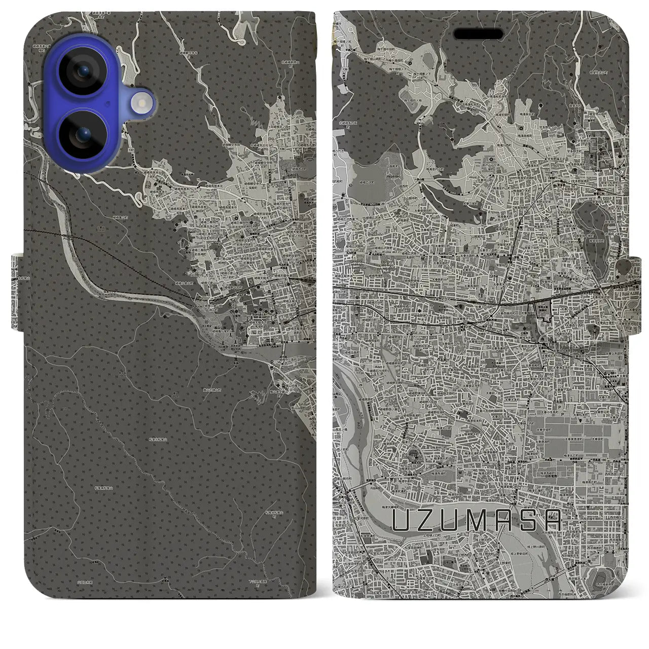 【太秦(京都府)】地図柄iPhoneケース(手帳タイプ)モノトーン・iPhone 16 Pro Max 用