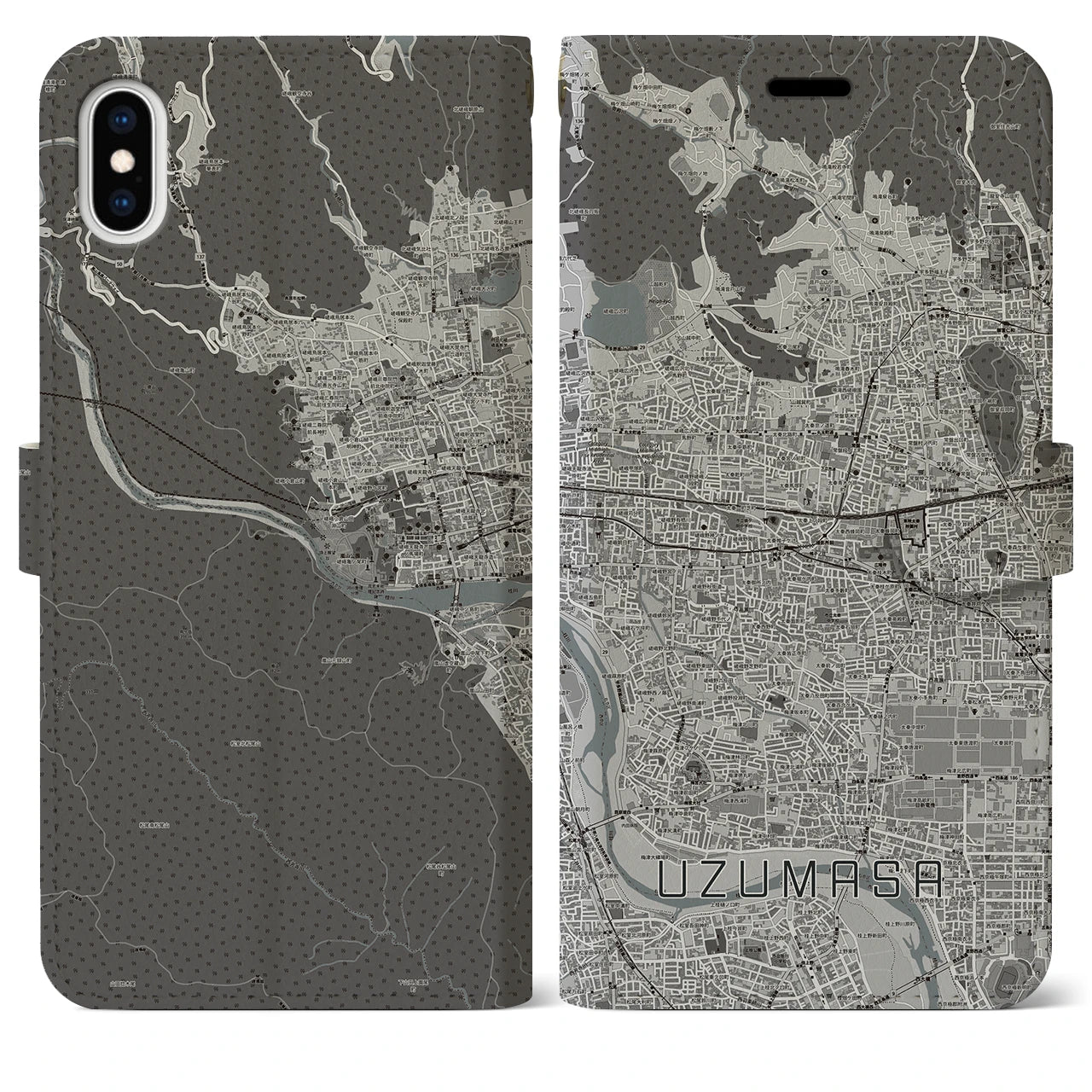 【太秦(京都府)】地図柄iPhoneケース(手帳タイプ)モノトーン・iPhone XS Max 用