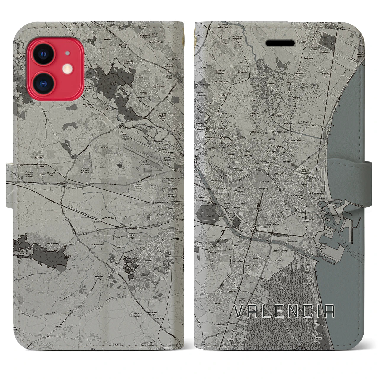 【バレンシア(スペイン)】地図柄iPhoneケース(手帳タイプ)モノトーン・iPhone 11 用