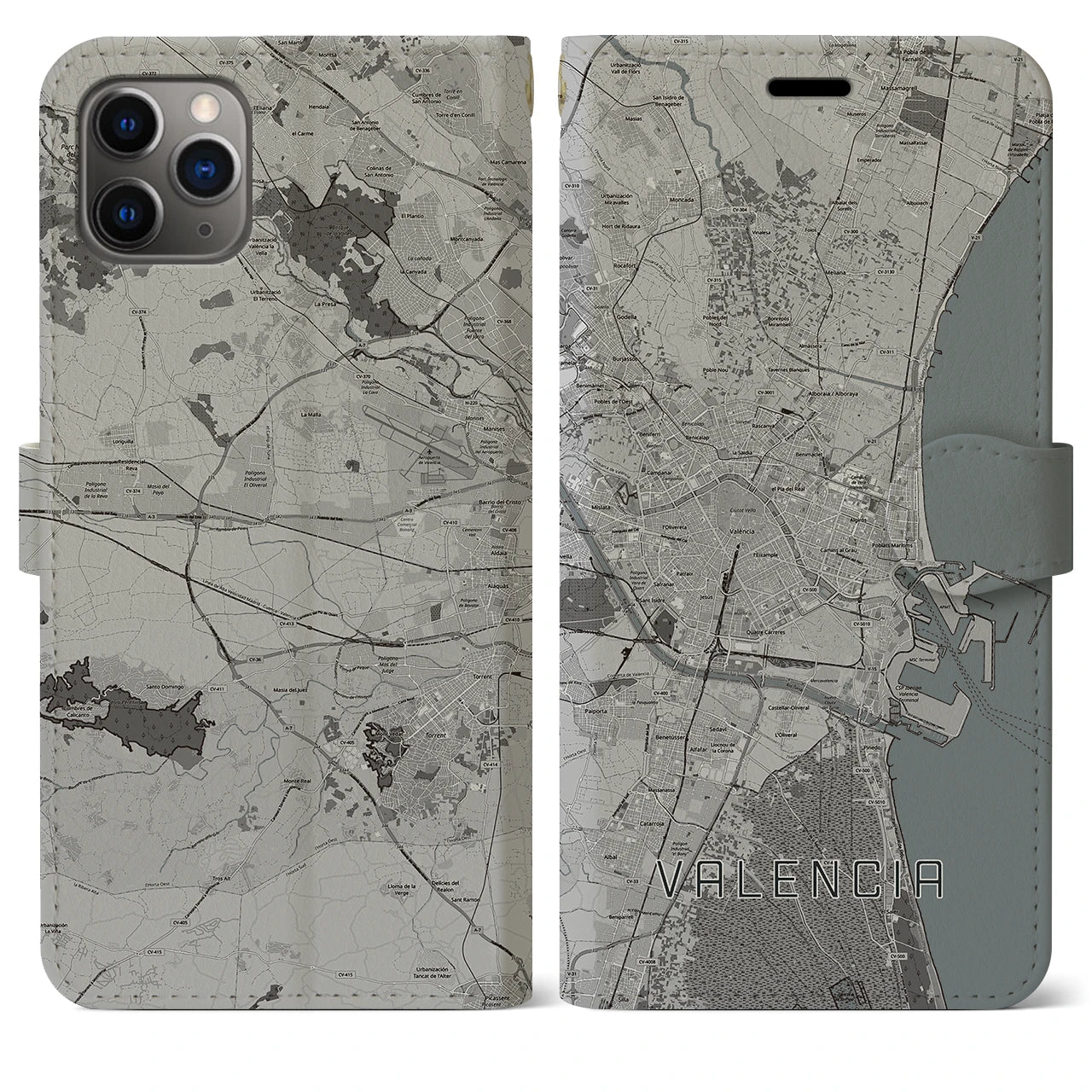 【バレンシア(スペイン)】地図柄iPhoneケース(手帳タイプ)モノトーン・iPhone 11 Pro Max 用