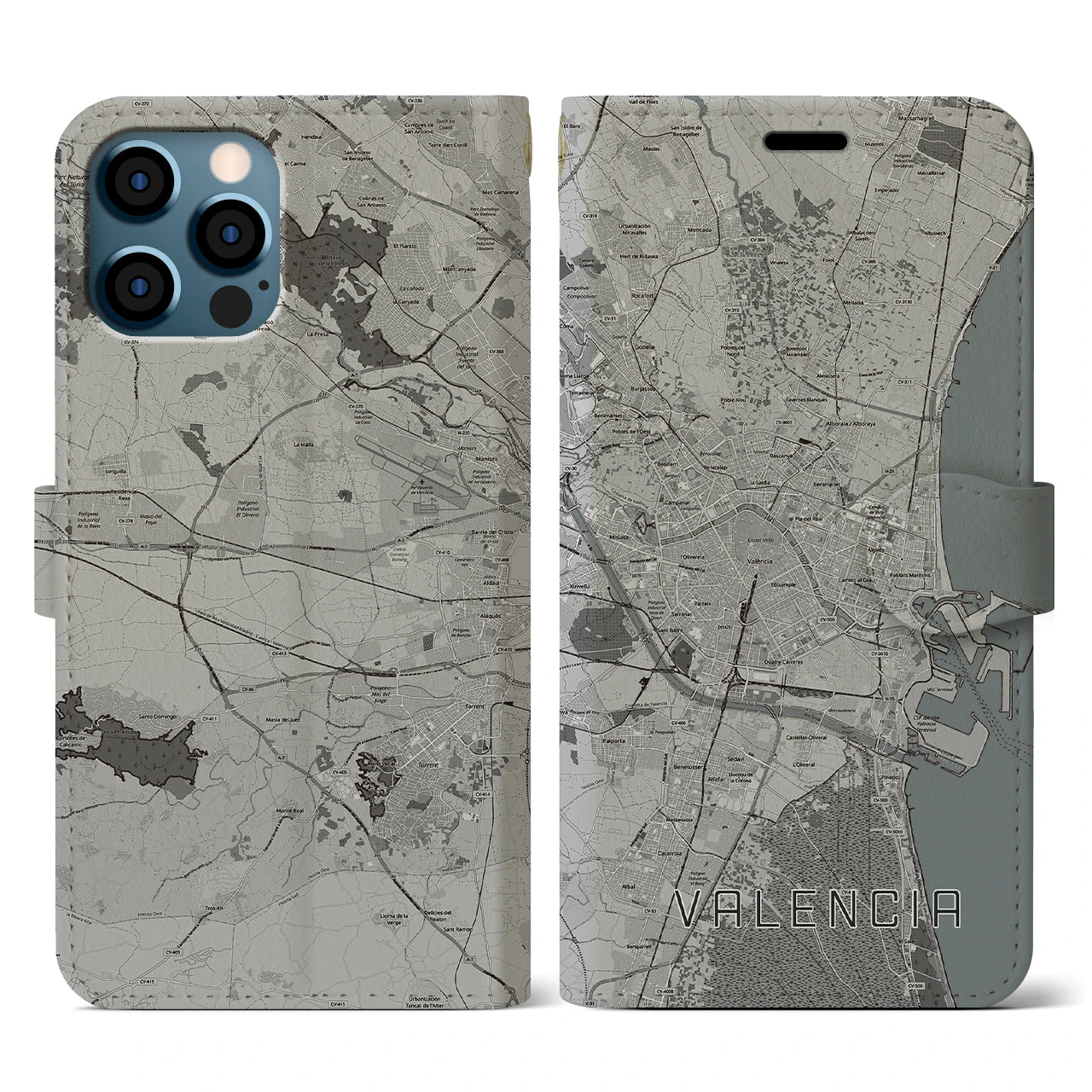 【バレンシア(スペイン)】地図柄iPhoneケース(手帳タイプ)モノトーン・iPhone 12 / 12 Pro 用