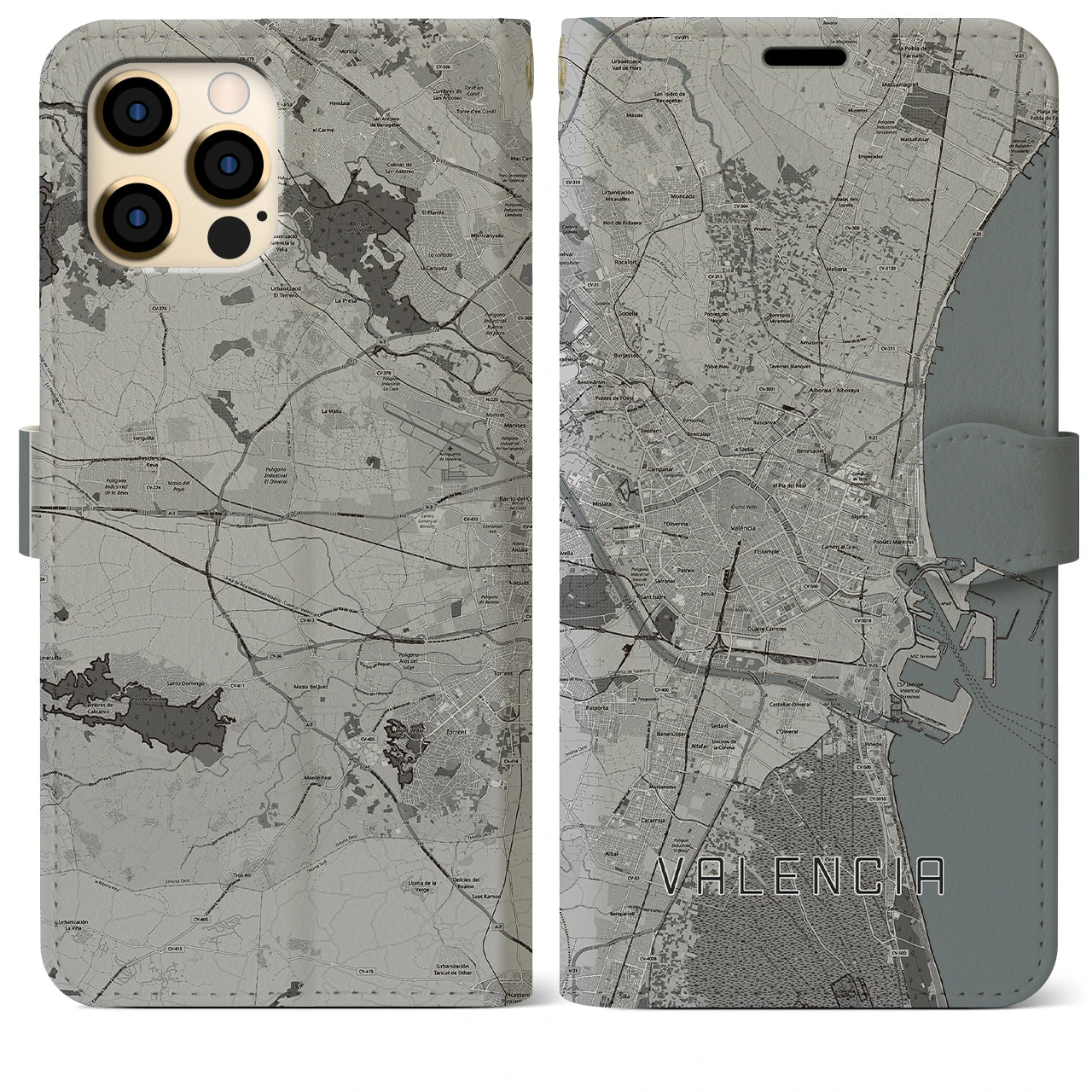 【バレンシア(スペイン)】地図柄iPhoneケース(手帳タイプ)モノトーン・iPhone 12 Pro Max 用