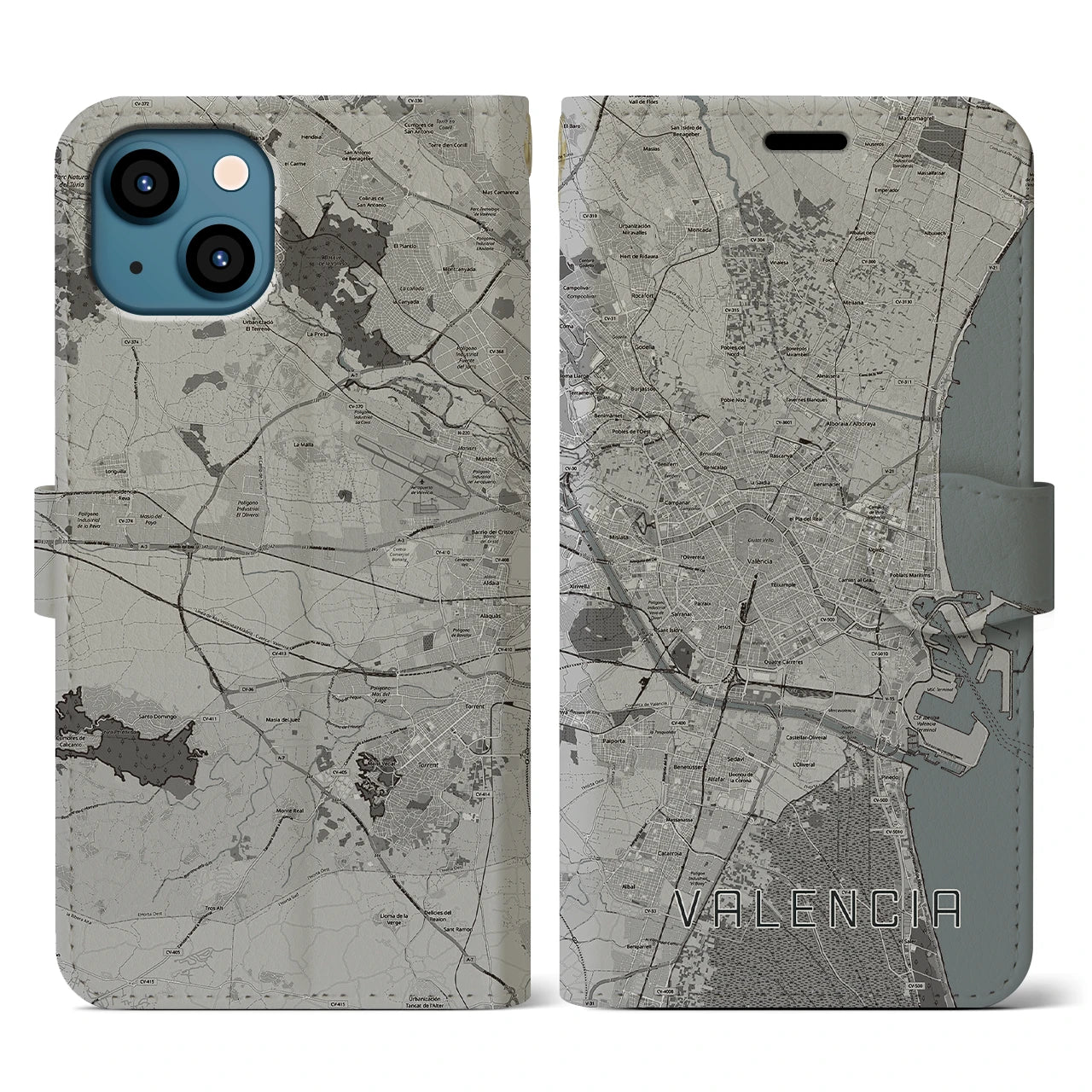 【バレンシア(スペイン)】地図柄iPhoneケース(手帳タイプ)モノトーン・iPhone 13 用