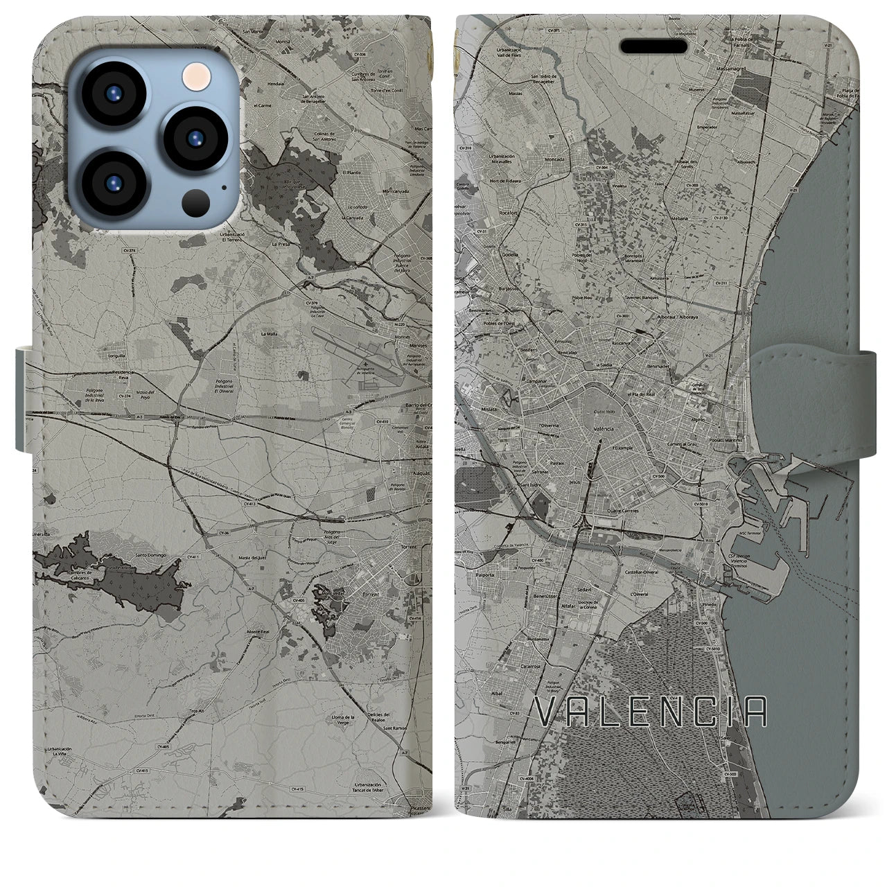 【バレンシア(スペイン)】地図柄iPhoneケース(手帳タイプ)モノトーン・iPhone 13 Pro Max 用