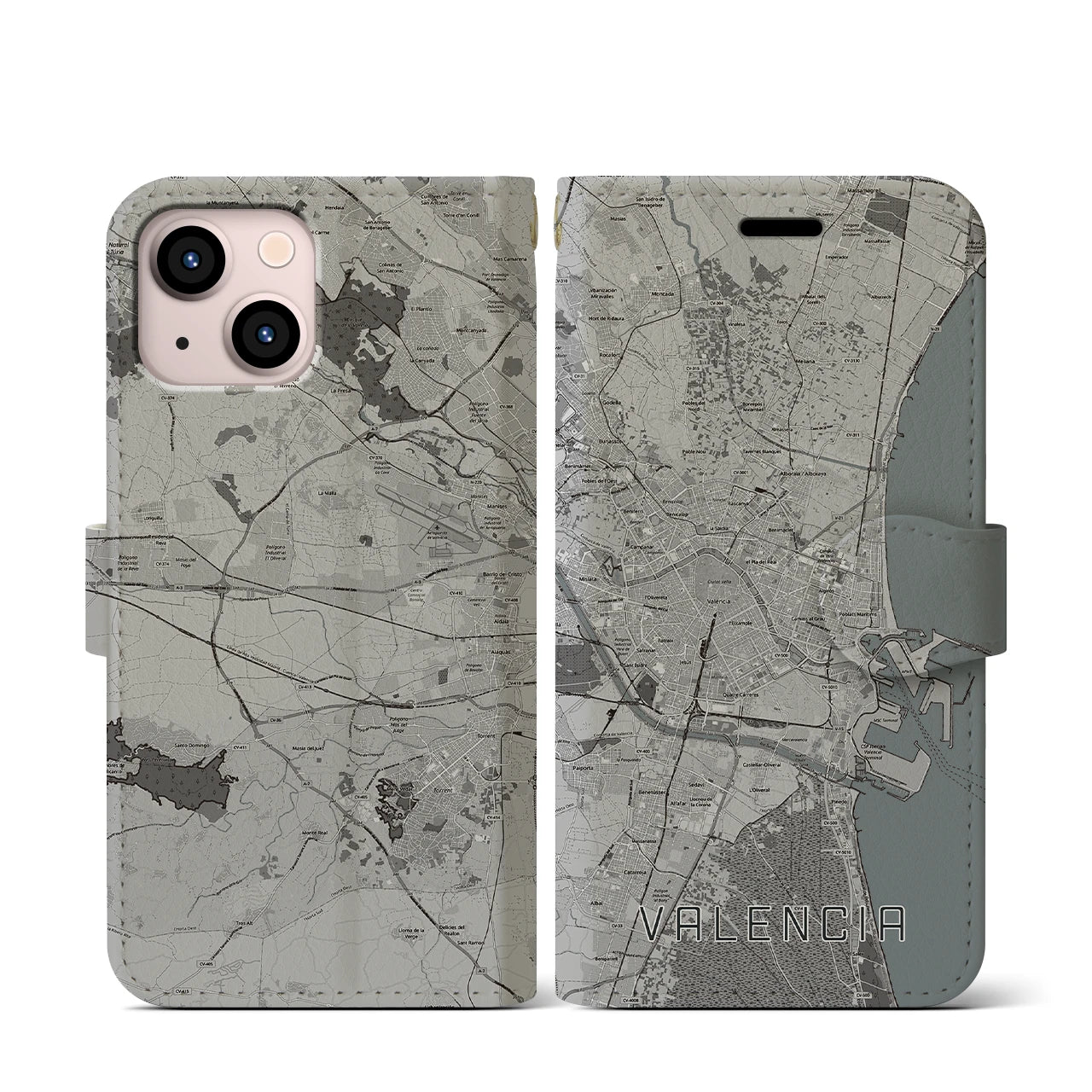 【バレンシア(スペイン)】地図柄iPhoneケース(手帳タイプ)モノトーン・iPhone 13 mini 用