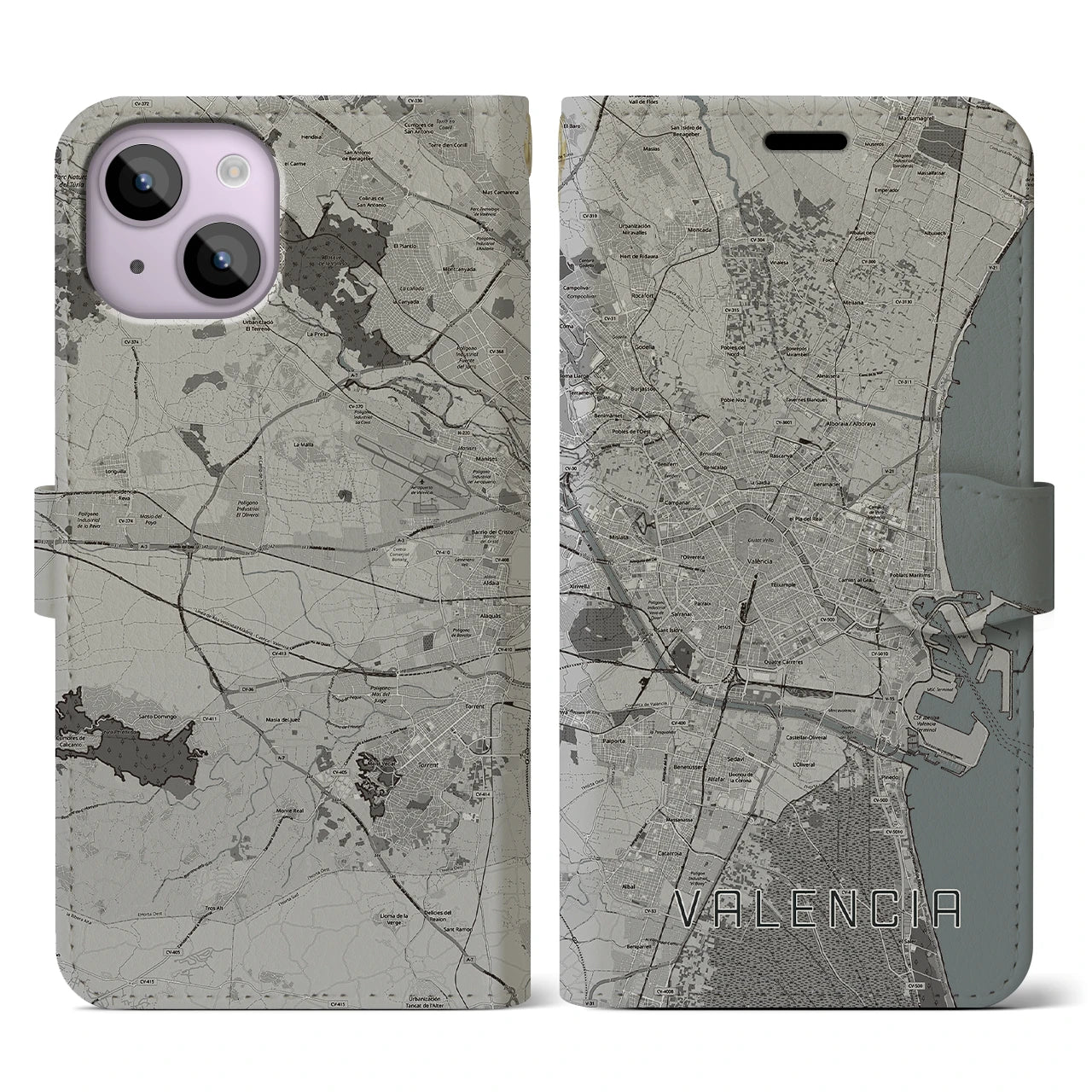 【バレンシア(スペイン)】地図柄iPhoneケース(手帳タイプ)モノトーン・iPhone 14 用
