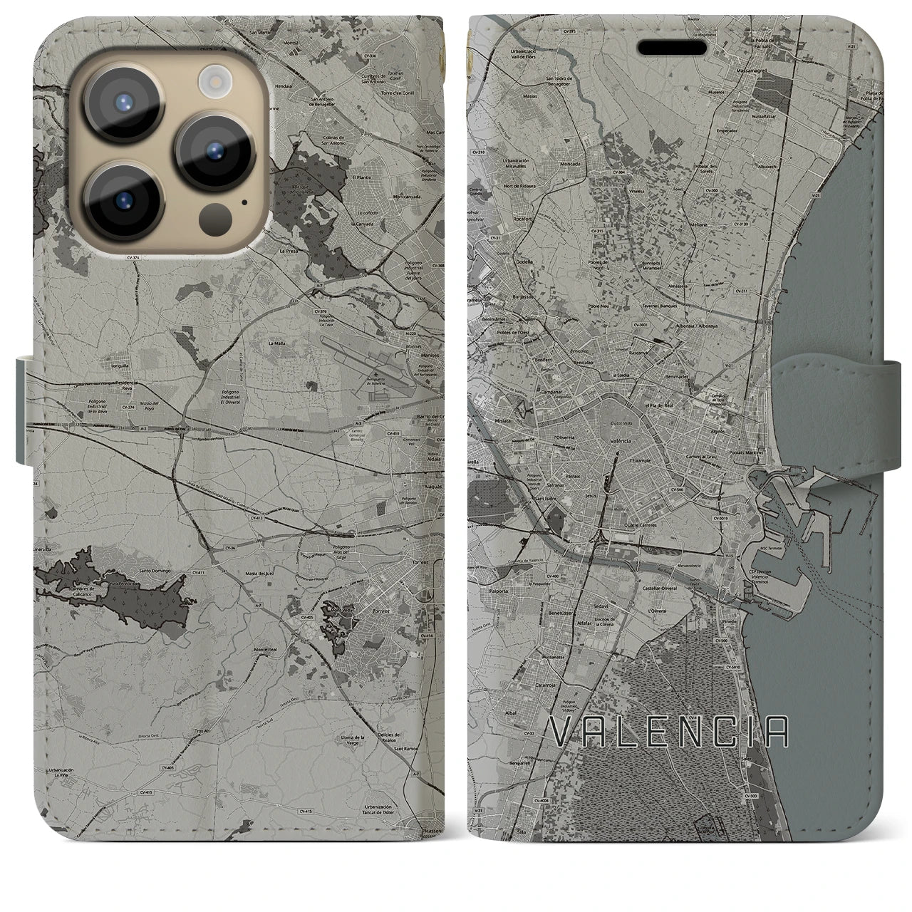 【バレンシア(スペイン)】地図柄iPhoneケース(手帳タイプ)モノトーン・iPhone 14 Pro Max 用