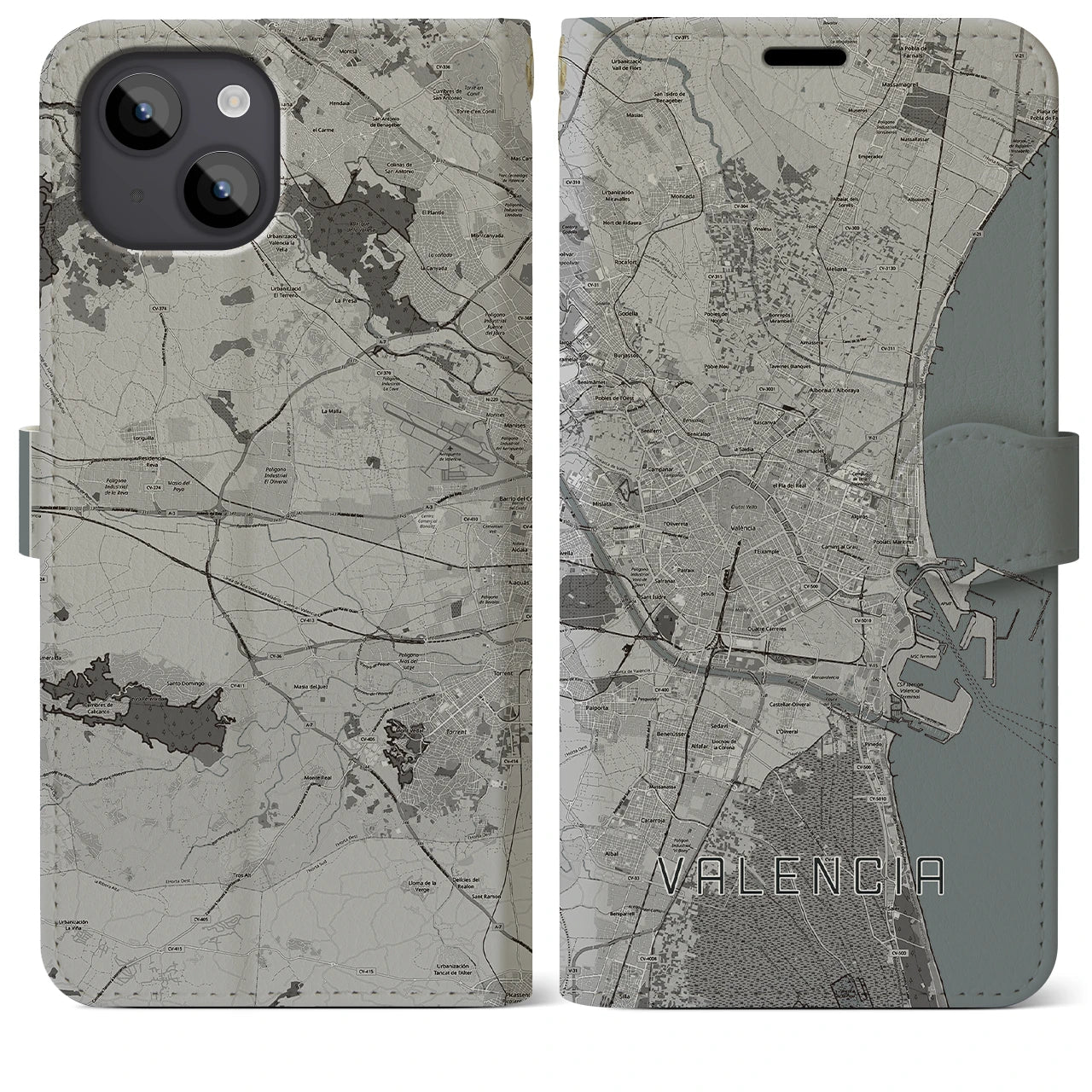 【バレンシア(スペイン)】地図柄iPhoneケース(手帳タイプ)モノトーン・iPhone 14 Plus 用