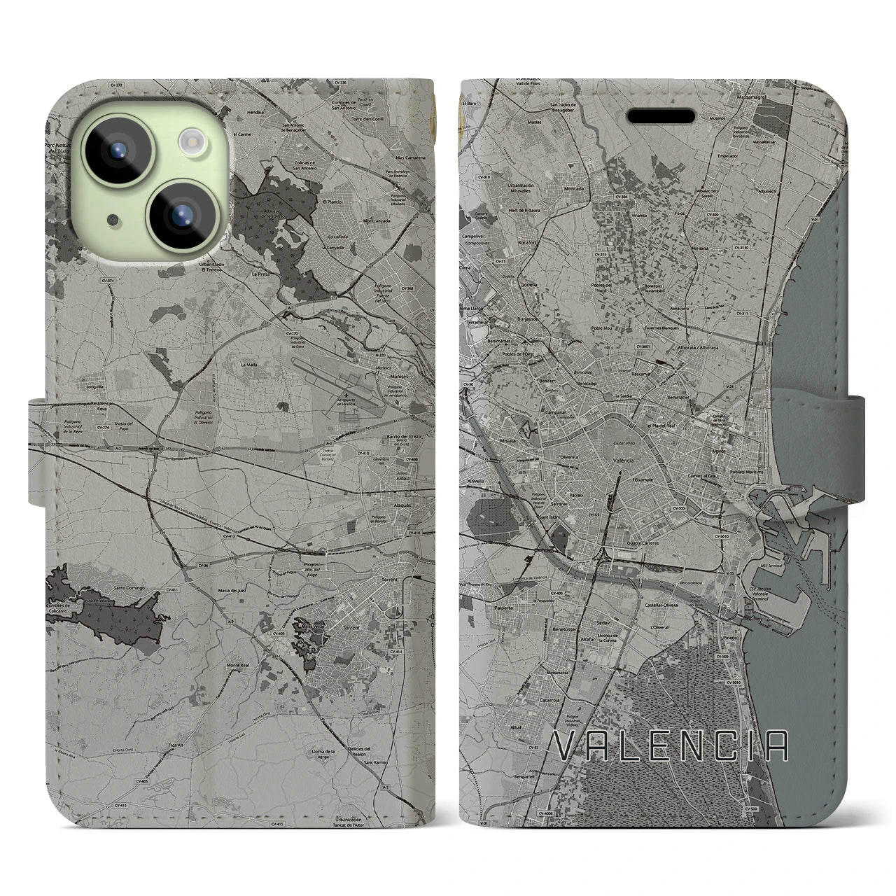 【バレンシア(スペイン)】地図柄iPhoneケース(手帳タイプ)モノトーン・iPhone 15 用