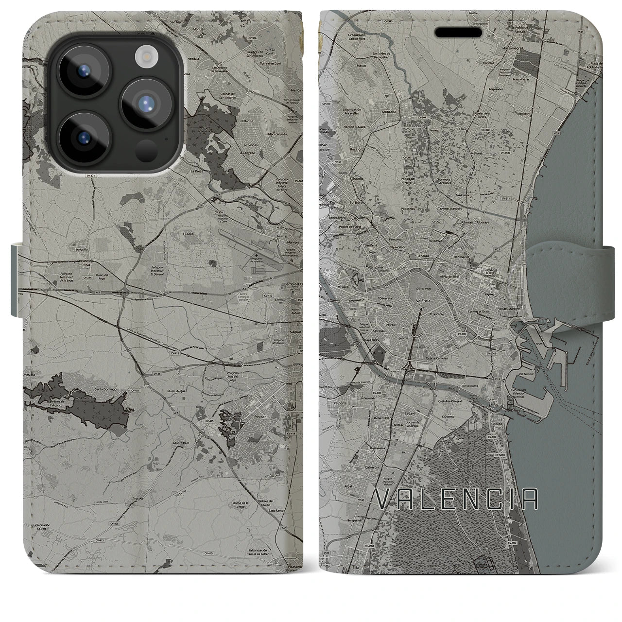 【バレンシア(スペイン)】地図柄iPhoneケース(手帳タイプ)モノトーン・iPhone 15 Pro Max 用