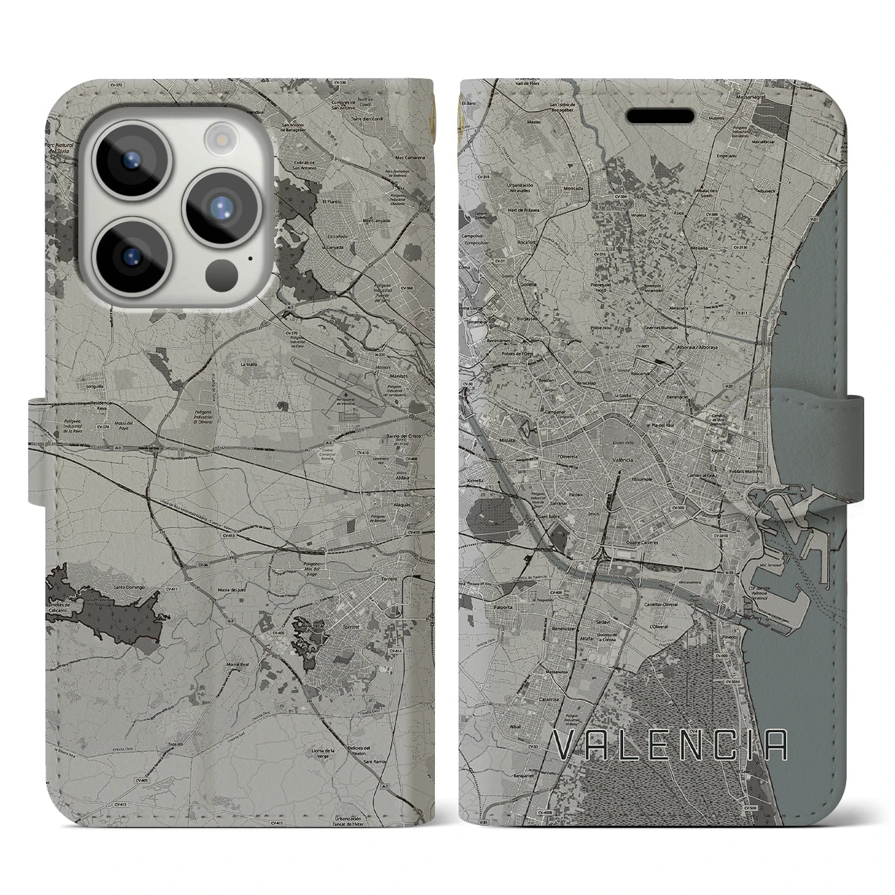 【バレンシア(スペイン)】地図柄iPhoneケース(手帳タイプ)モノトーン・iPhone 15 Pro 用