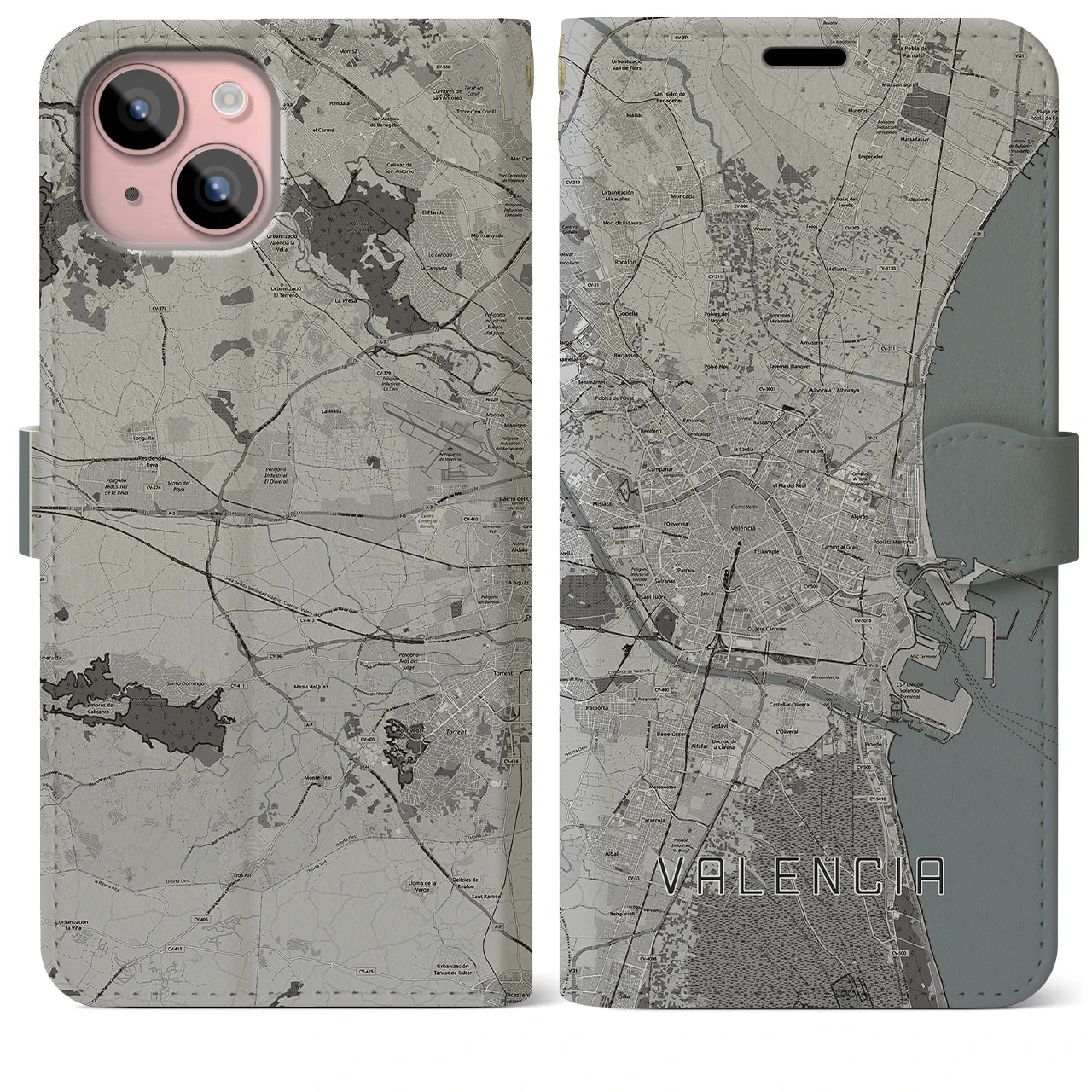 【バレンシア(スペイン)】地図柄iPhoneケース(手帳タイプ)モノトーン・iPhone 15 Plus 用