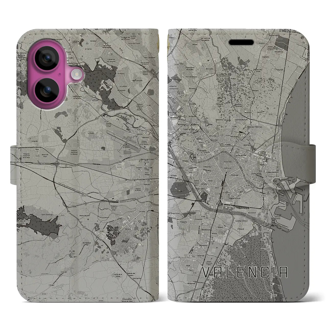 【バレンシア(スペイン)】地図柄iPhoneケース(手帳タイプ)モノトーン・iPhone 16 Pro 用