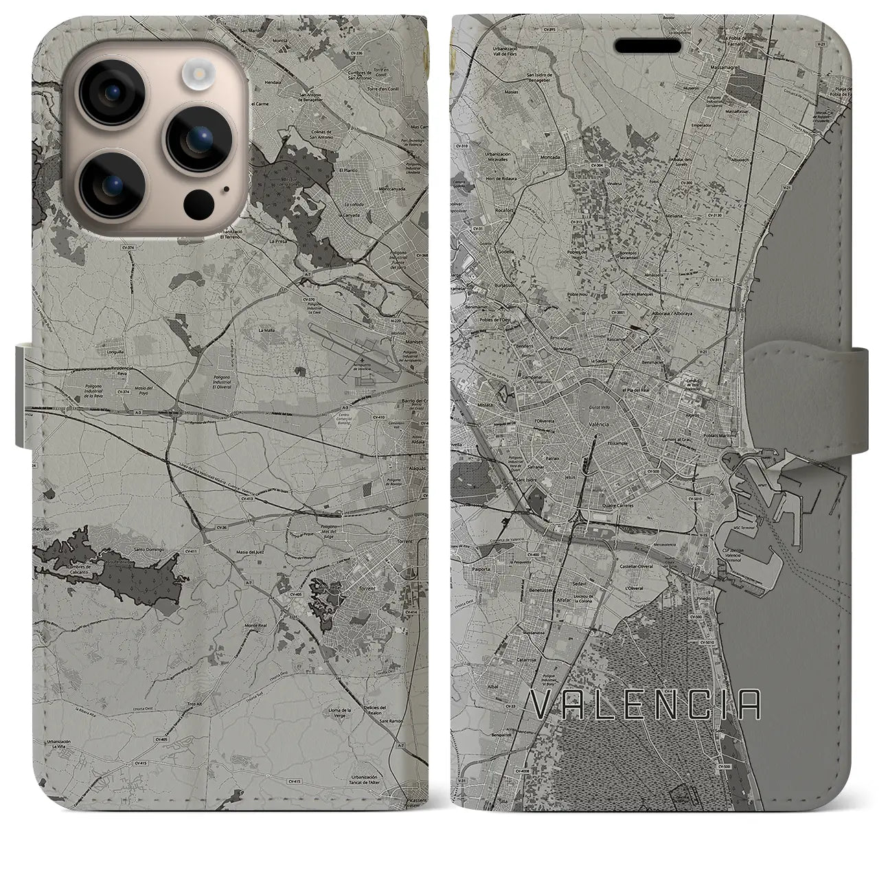 【バレンシア(スペイン)】地図柄iPhoneケース(手帳タイプ)モノトーン・iPhone 16 Plus 用
