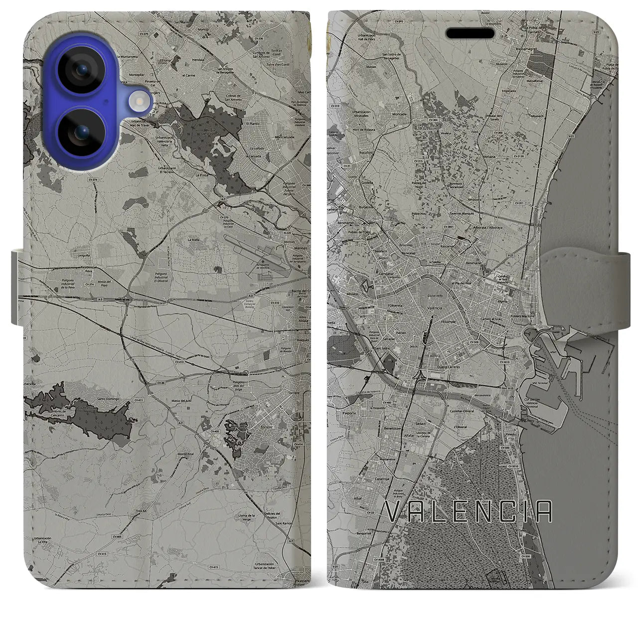 【バレンシア(スペイン)】地図柄iPhoneケース(手帳タイプ)モノトーン・iPhone 16 Pro Max 用