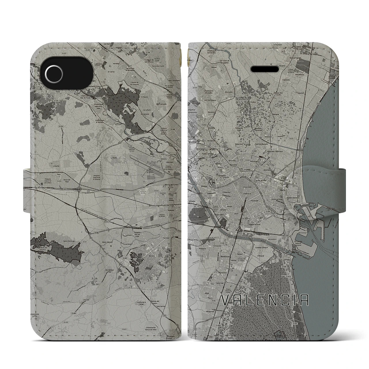 【バレンシア(スペイン)】地図柄iPhoneケース(手帳タイプ)モノトーン・iPhone SE(第3 / 第2世代) / 8 / 7 / 6s / 6 用