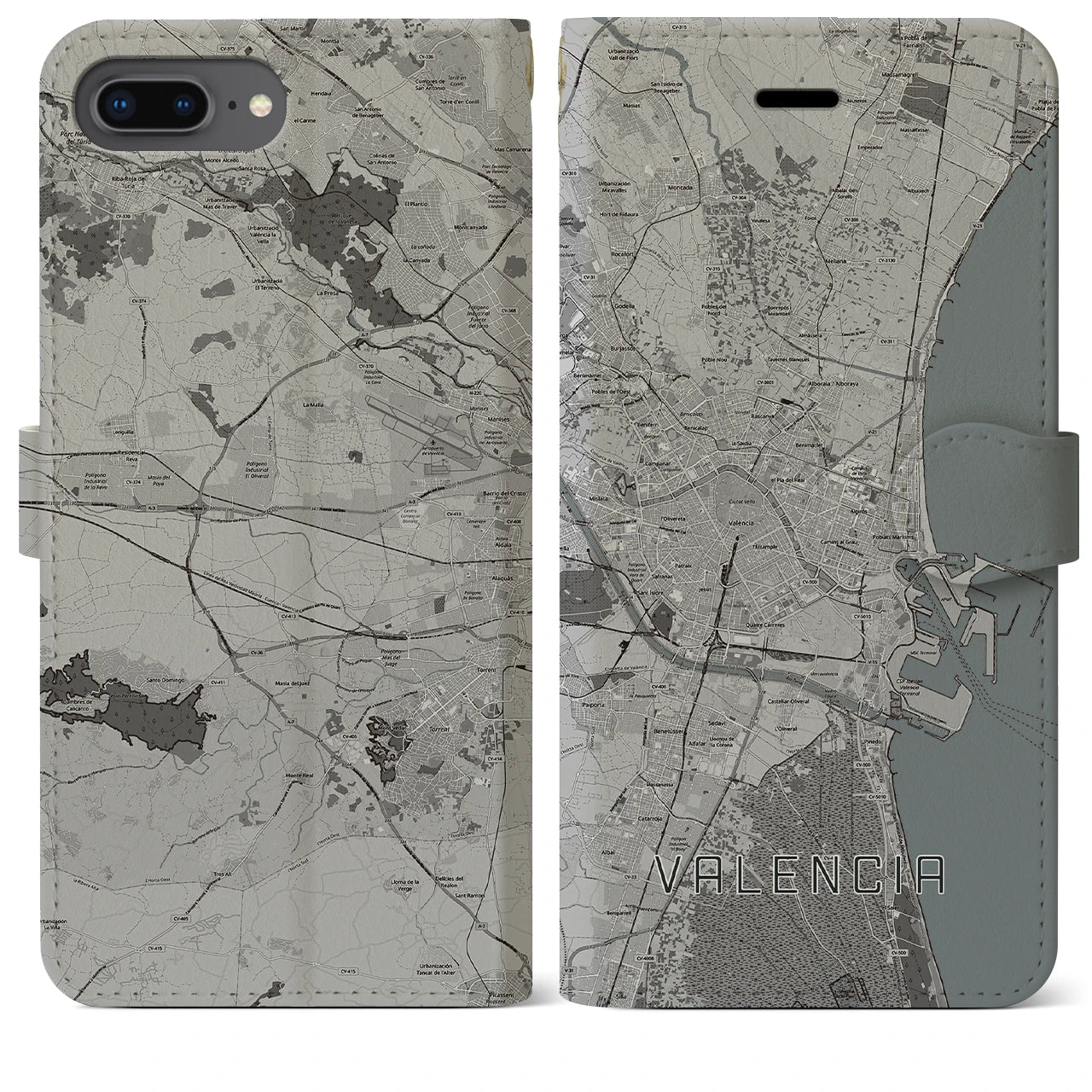 【バレンシア(スペイン)】地図柄iPhoneケース(手帳タイプ)モノトーン・iPhone 8Plus /7Plus / 6sPlus / 6Plus 用