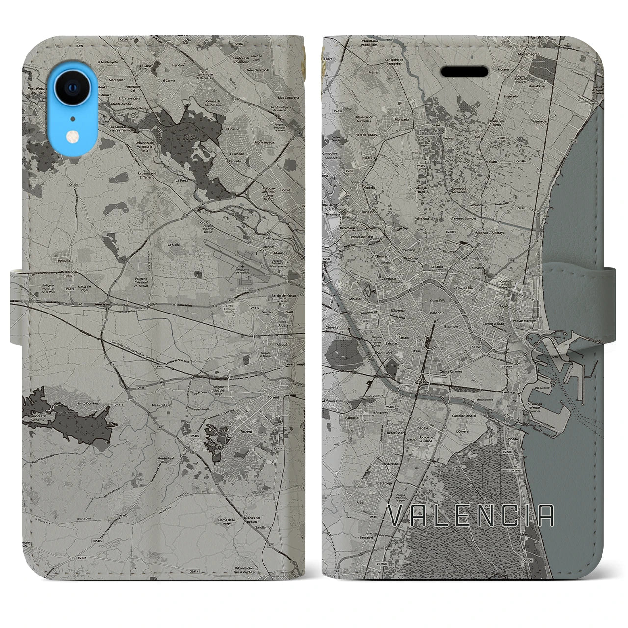 【バレンシア(スペイン)】地図柄iPhoneケース(手帳タイプ)モノトーン・iPhone XR 用